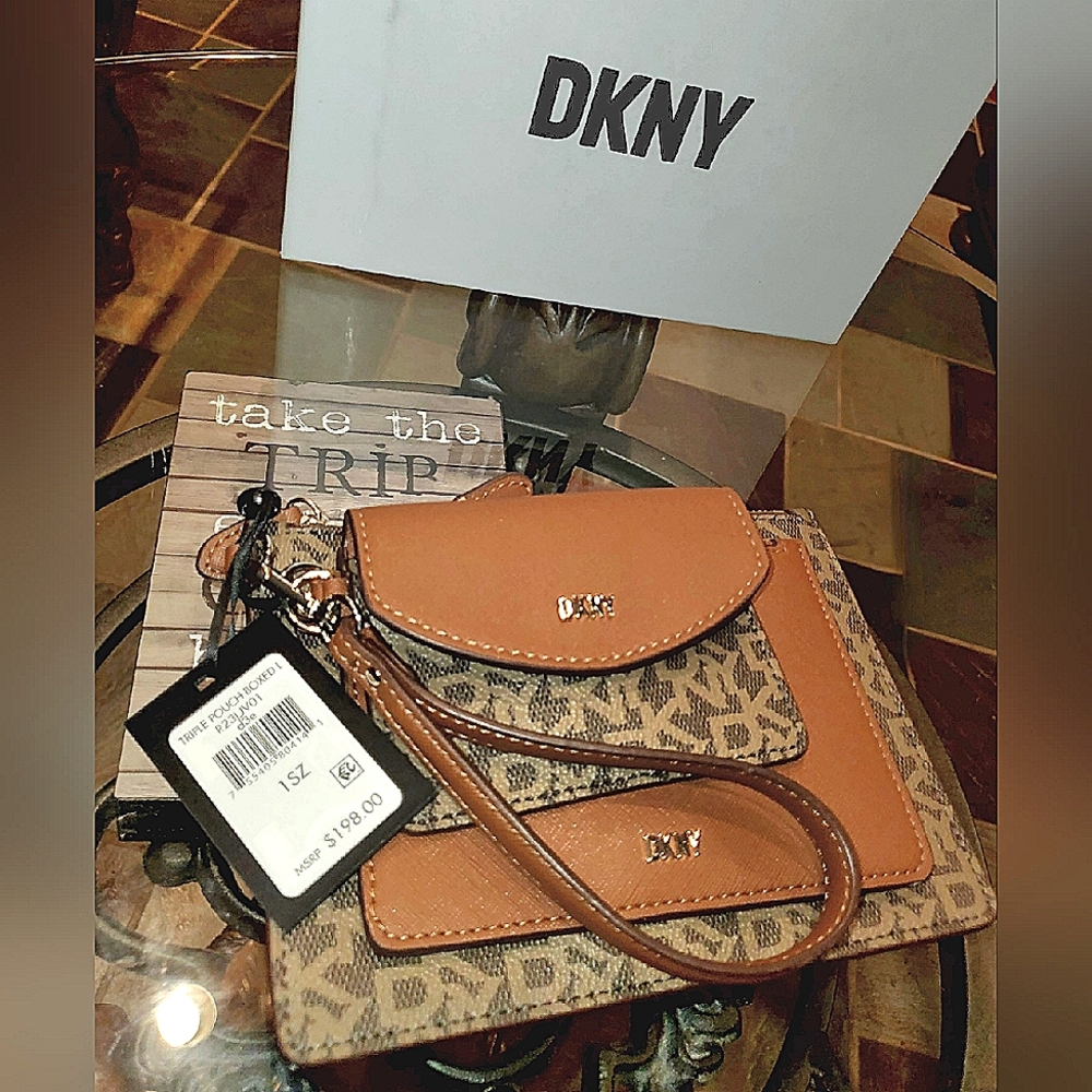 DKNY 3pc set med. and dark brown  leather/ PU wrislet, card case, makeup bag